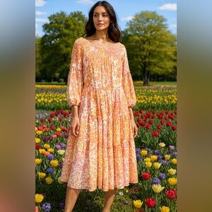 Women's 3/4 Sleeve Floral Print Tiered Babydoll Dress Size 10